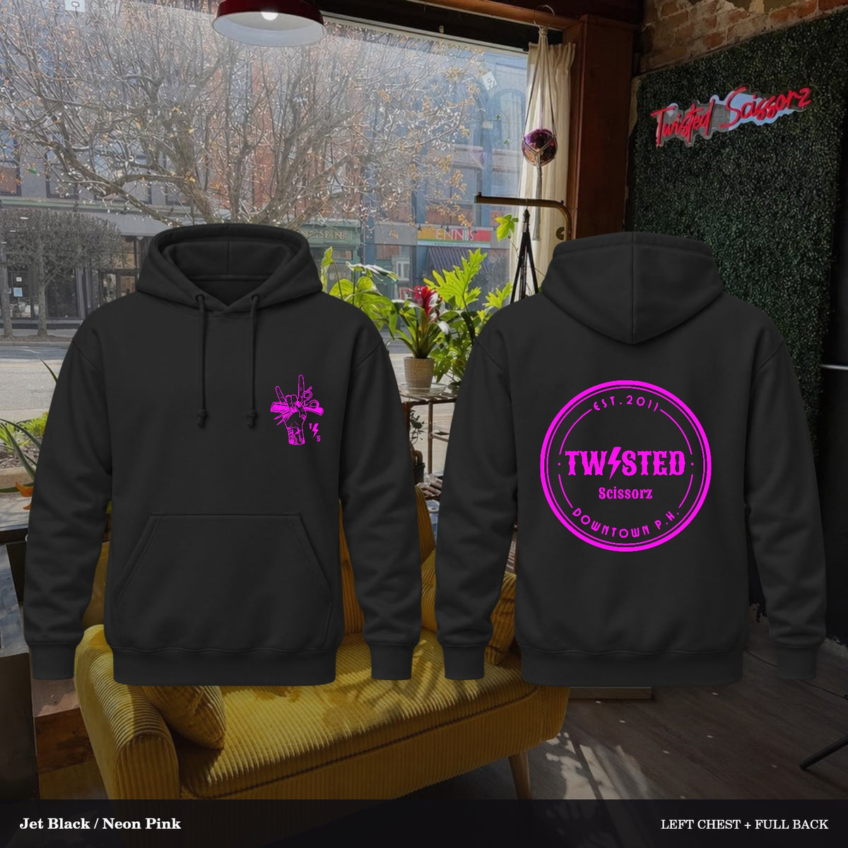 Twisted Scissorz Port & Co. PC78H — Jet Black, Neon Pink artwork; left-chest crest and full back in the salon