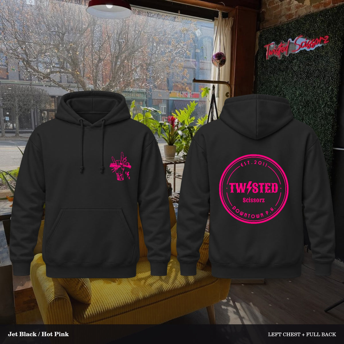 Twisted Scissorz Port & Co. PC78H — Jet Black, Hot Pink artwork; left-chest crest and full back in the salon