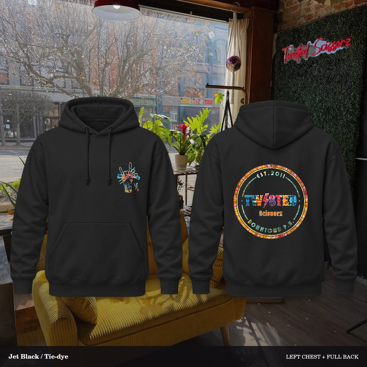 Twisted Scissorz Port & Co. PC78H — Jet Black, Tie-dye artwork; left-chest crest and full back in the salon