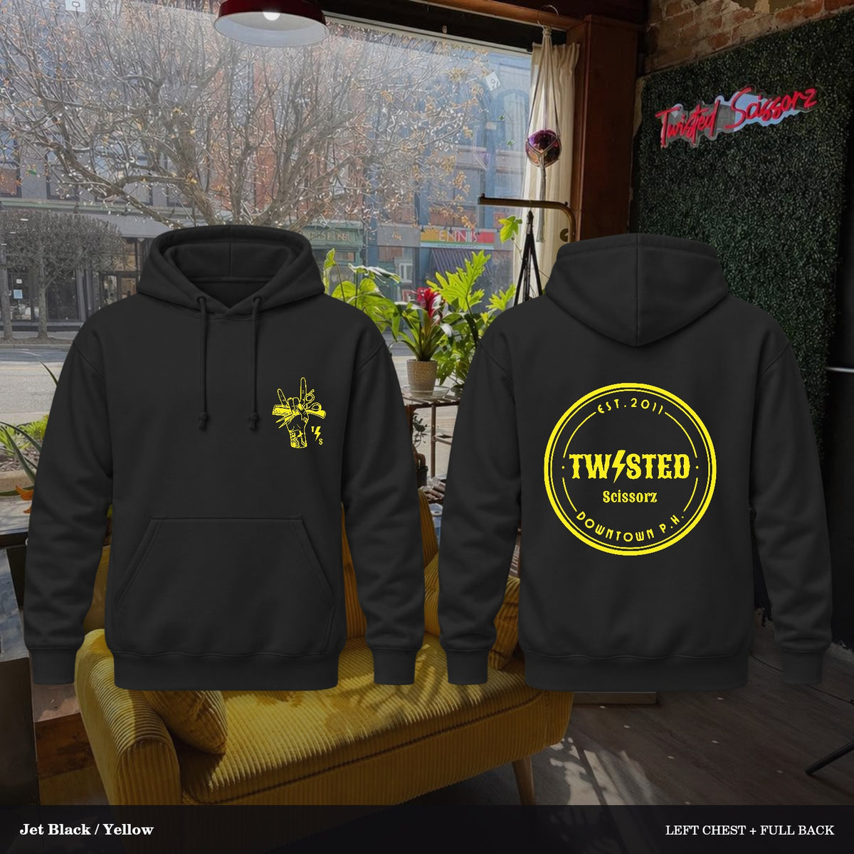 Twisted Scissorz Port & Co. PC78H — Jet Black, Yellow artwork; left-chest crest and full back in the salon
