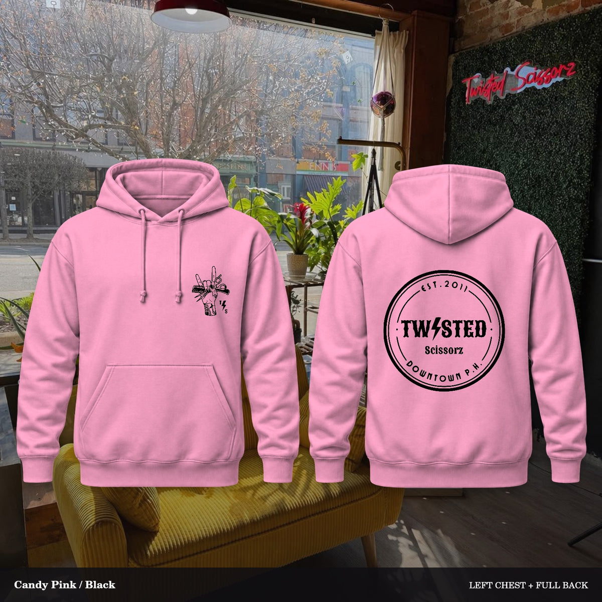 Twisted Scissorz Port & Co. PC78H — Candy Pink, Black artwork; left-chest crest and full back in the salon