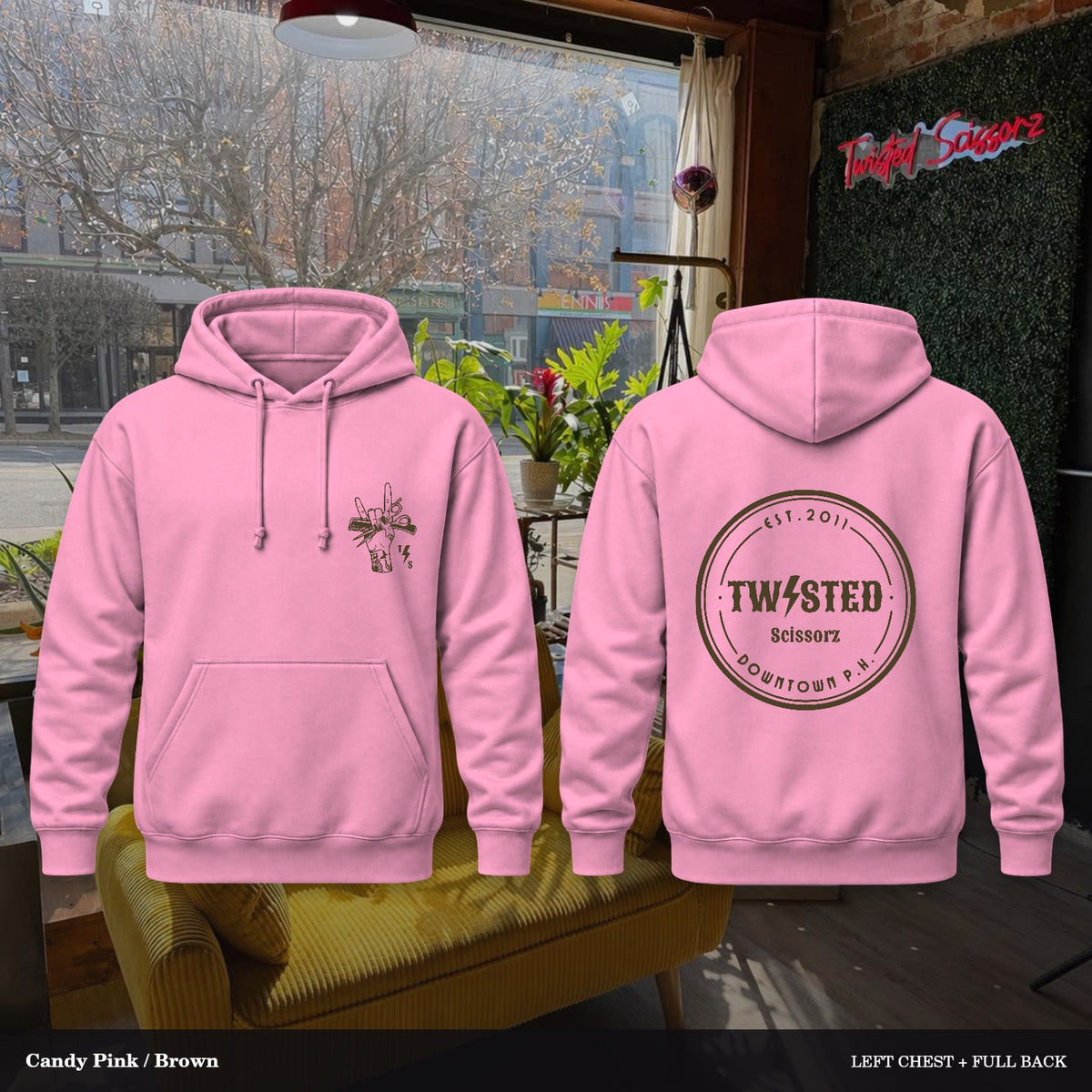 Twisted Scissorz Port & Co. PC78H — Candy Pink, Brown artwork; left-chest crest and full back in the salon