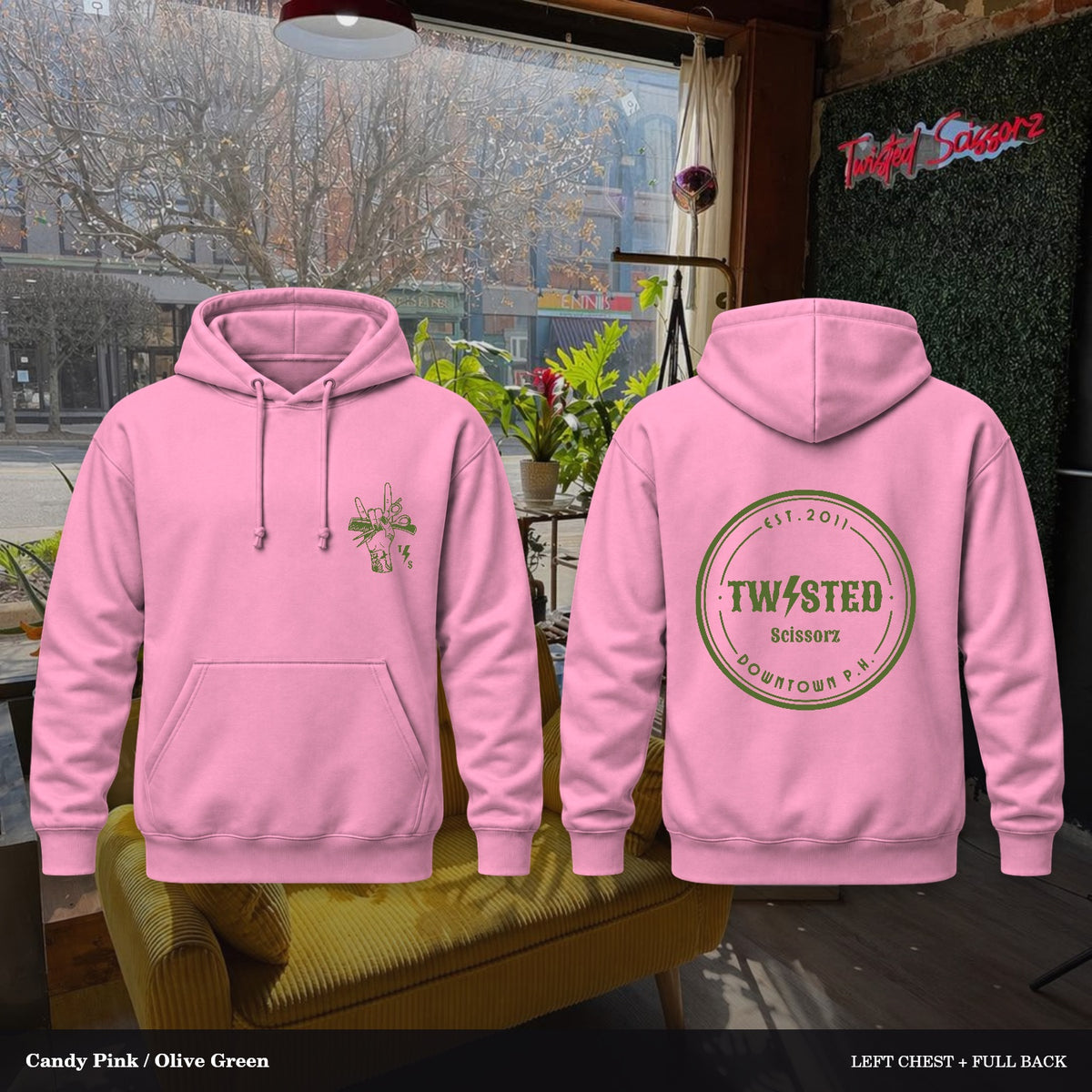 Twisted Scissorz Port & Co. PC78H — Candy Pink, Olive Green artwork; left-chest crest and full back in the salon