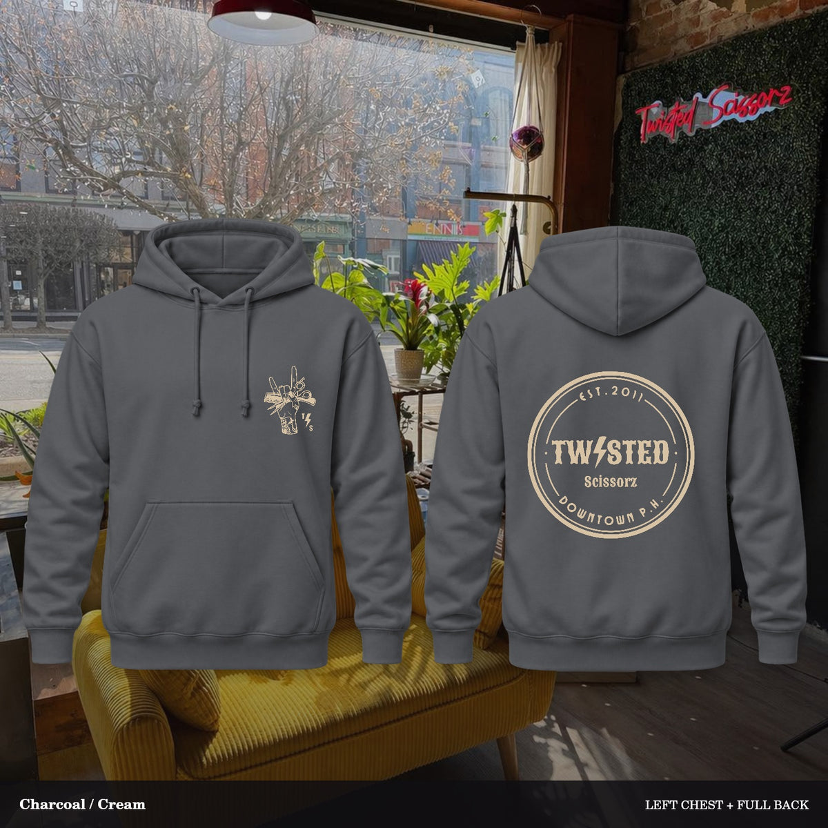 Twisted Scissorz Port & Co. PC78H — Charcoal, Cream artwork; left-chest crest and full back in the salon