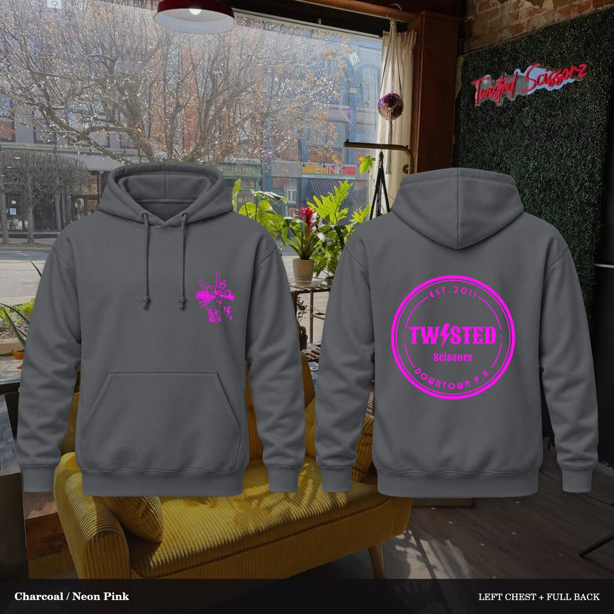 Twisted Scissorz Port & Co. PC78H — Charcoal, Neon Pink artwork; left-chest crest and full back in the salon