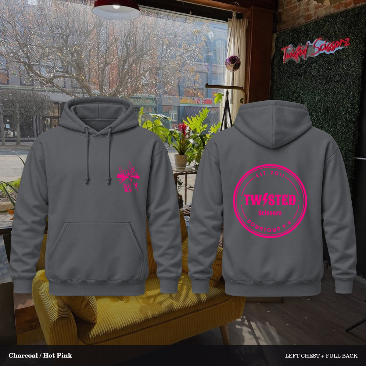 Twisted Scissorz Port & Co. PC78H — Charcoal, Hot Pink artwork; left-chest crest and full back in the salon