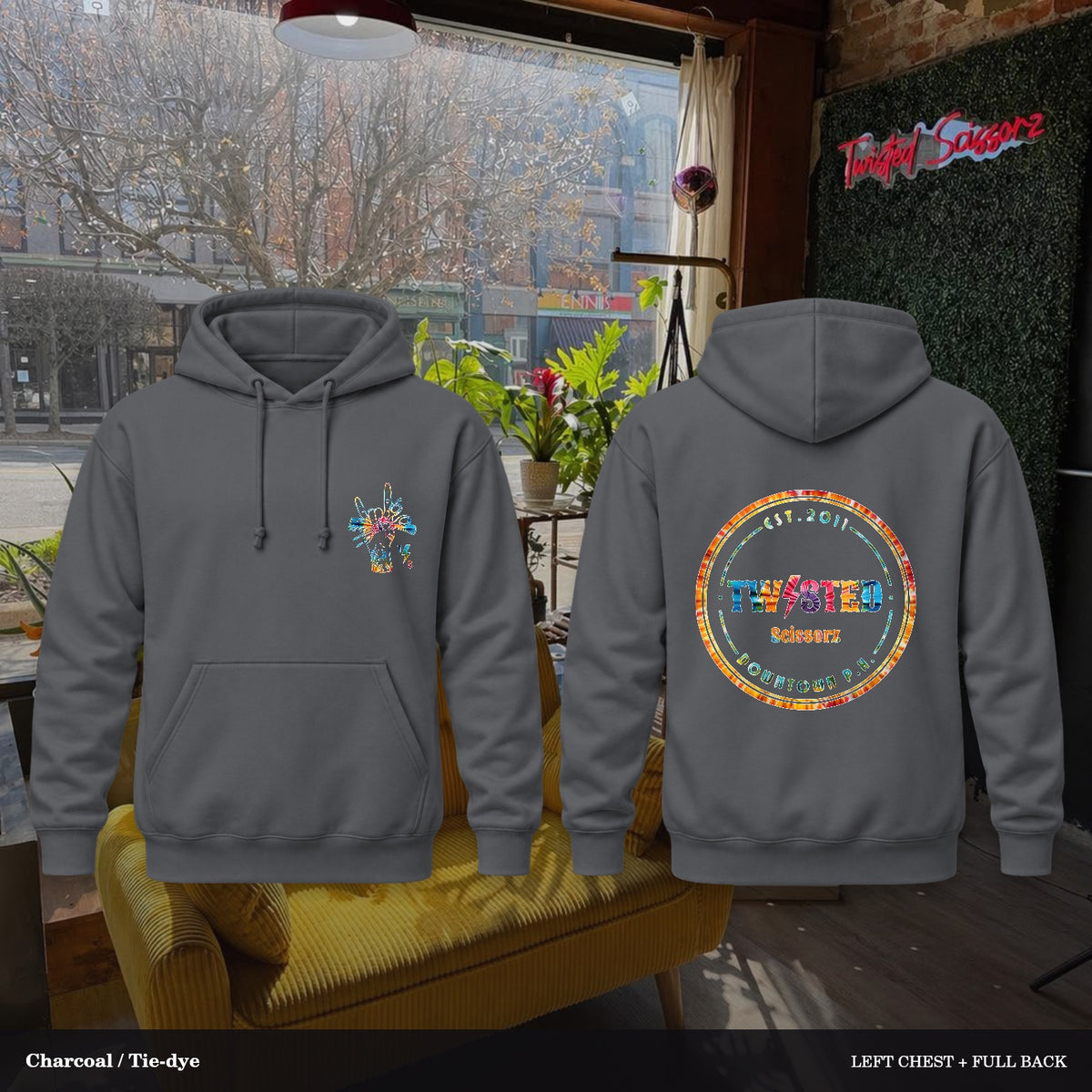 Twisted Scissorz Port & Co. PC78H — Charcoal, Tie-dye artwork; left-chest crest and full back in the salon