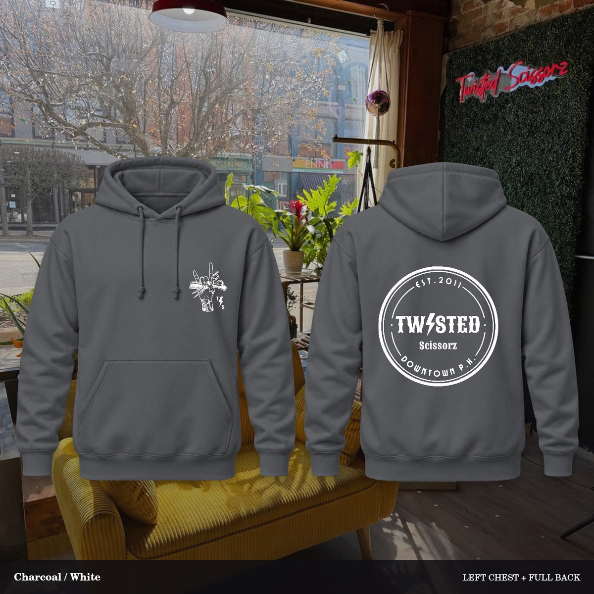 Twisted Scissorz Port & Co. PC78H — Charcoal, White artwork; left-chest crest and full back in the salon