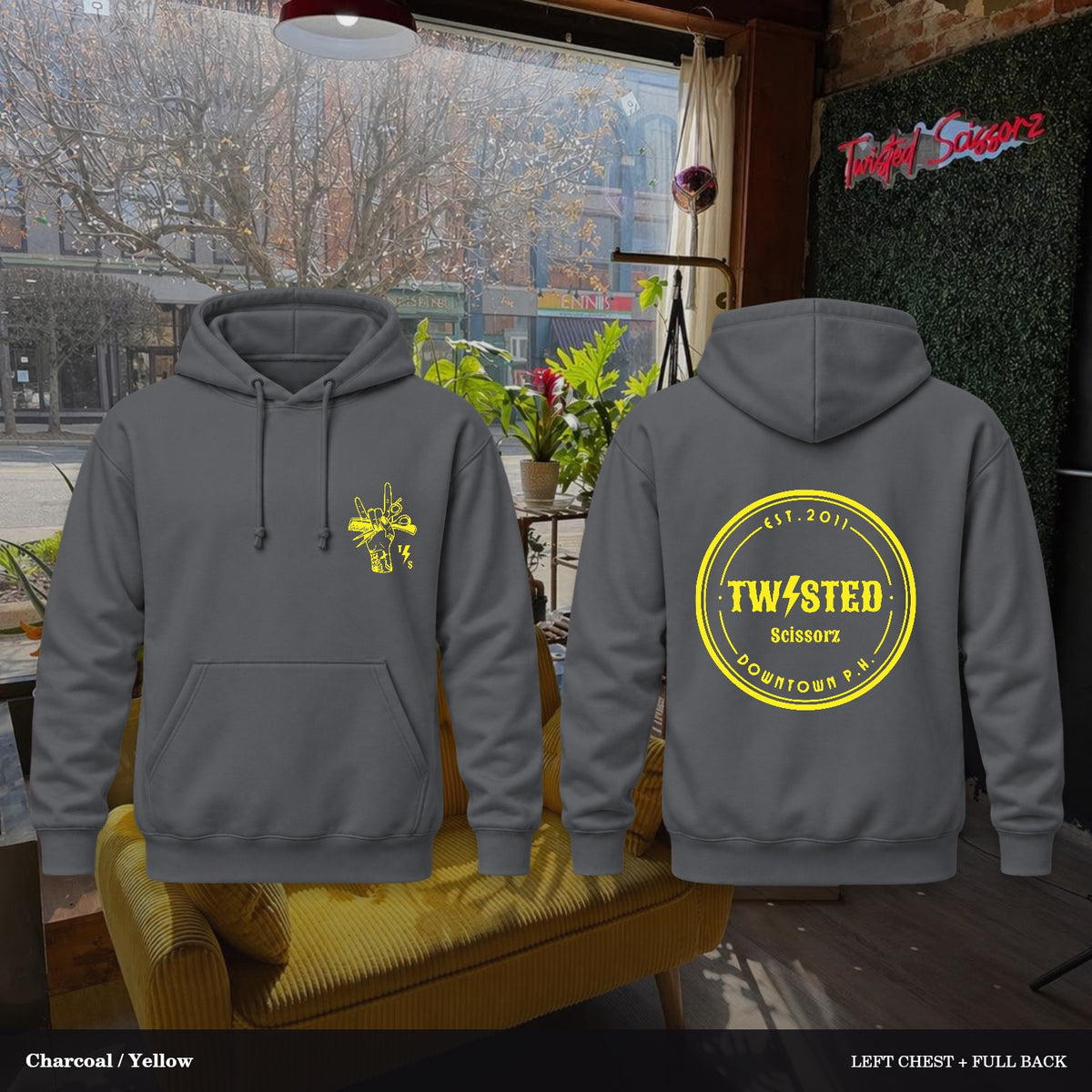 Twisted Scissorz Port & Co. PC78H — Charcoal, Yellow artwork; left-chest crest and full back in the salon