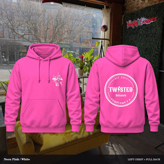 Twisted Scissorz Port & Co. PC78H — Neon Pink, White artwork; left-chest crest and full back in the salon