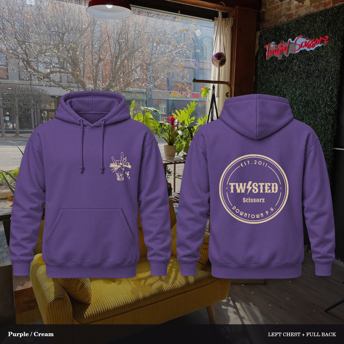Twisted Scissorz Port & Co. PC78H — Purple, Cream artwork; left-chest crest and full back in the salon