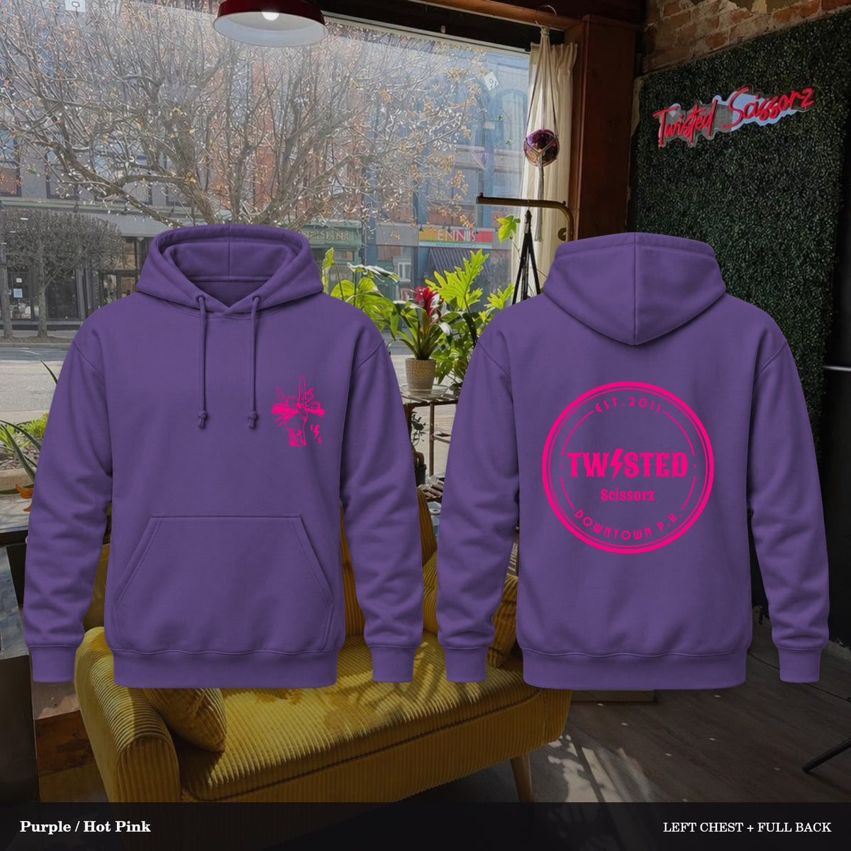 Twisted Scissorz Port & Co. PC78H — Purple, Hot Pink artwork; left-chest crest and full back in the salon