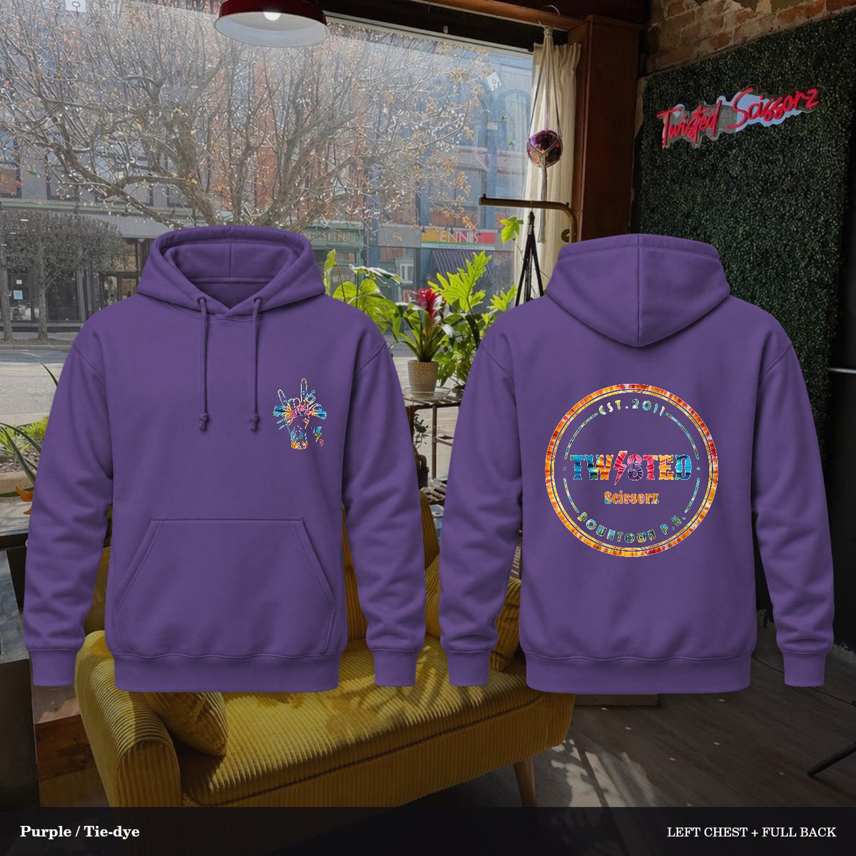 Twisted Scissorz Port & Co. PC78H — Purple, Tie-dye artwork; left-chest crest and full back in the salon