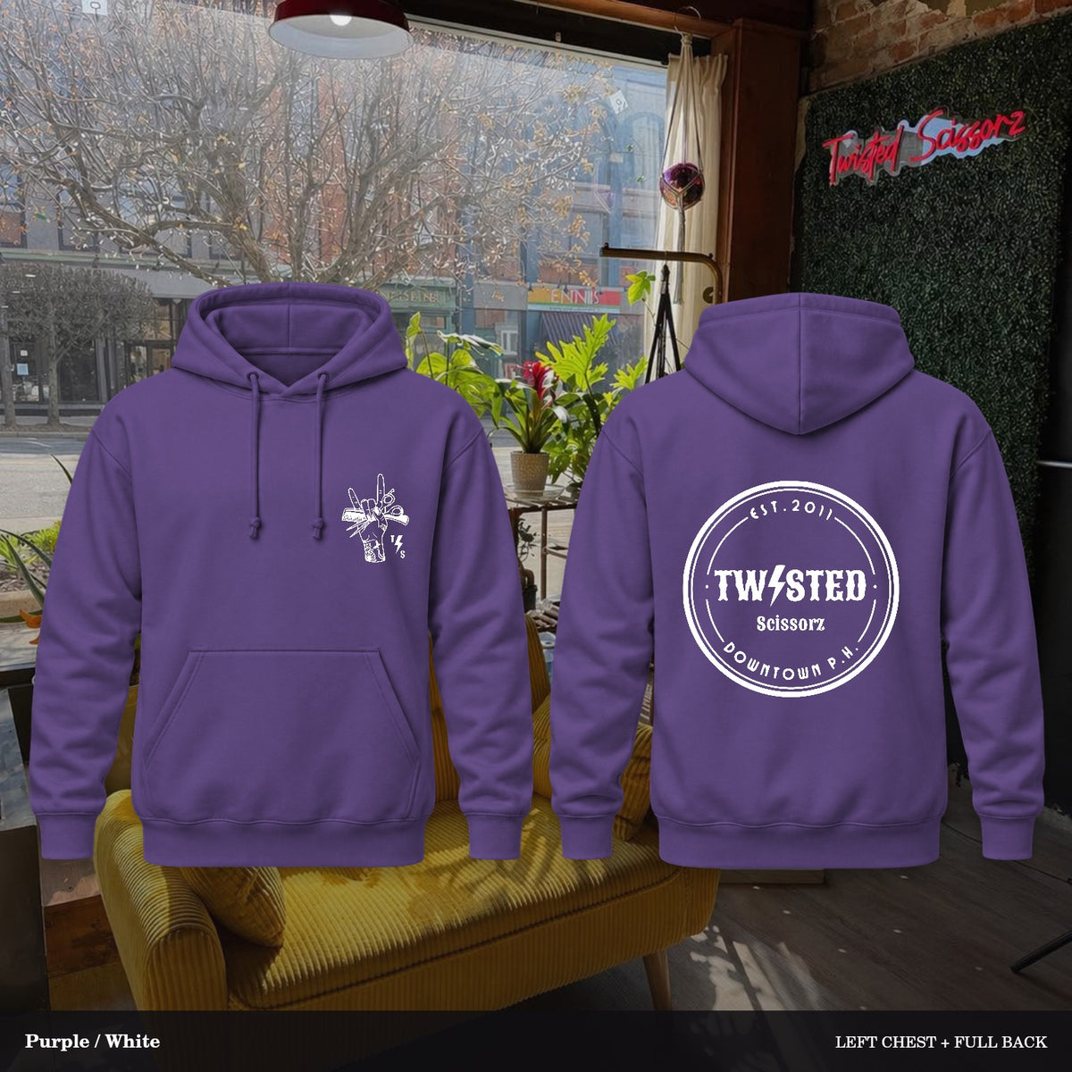 Twisted Scissorz Port & Co. PC78H — Purple, White artwork; left-chest crest and full back in the salon