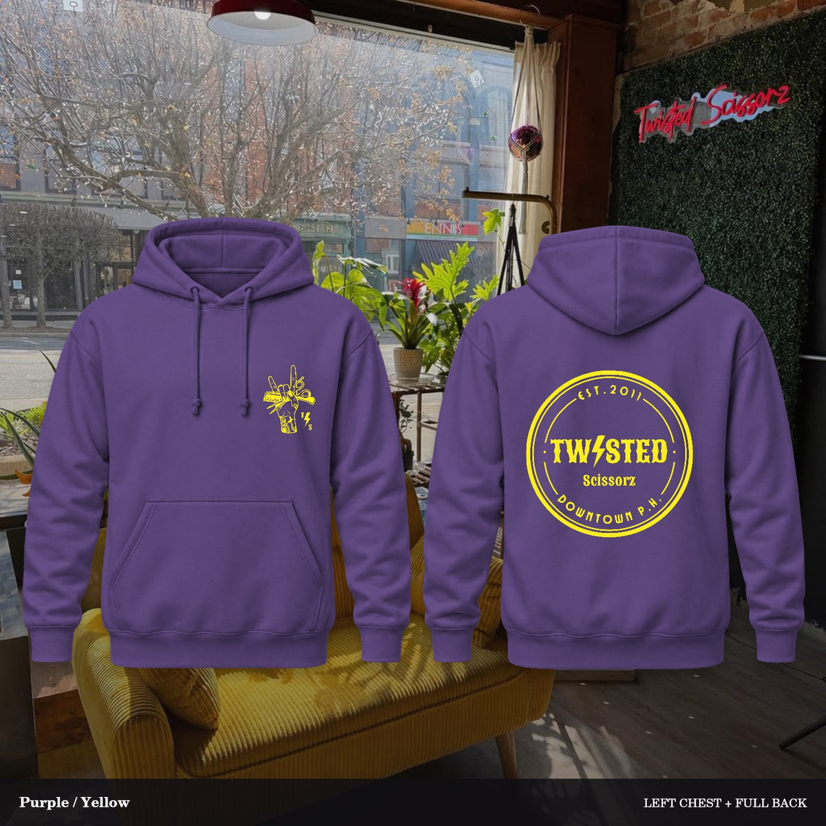 Twisted Scissorz Port & Co. PC78H — Purple, Yellow artwork; left-chest crest and full back in the salon