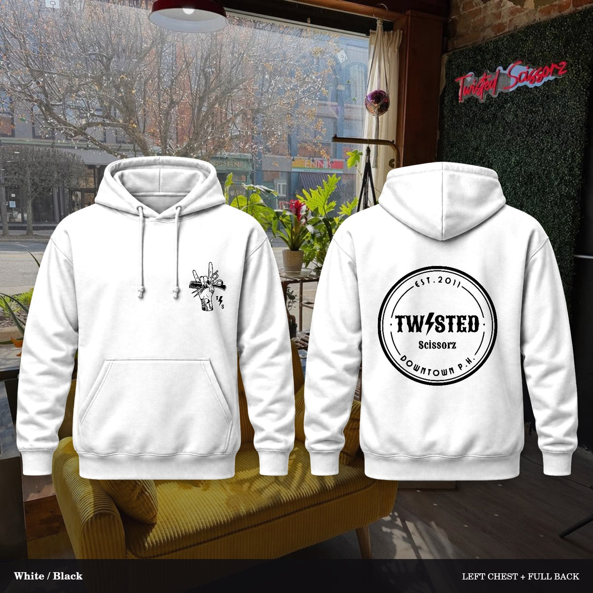 Twisted Scissorz Port & Co. PC78H — White, Black artwork; left-chest crest and full back in the salon