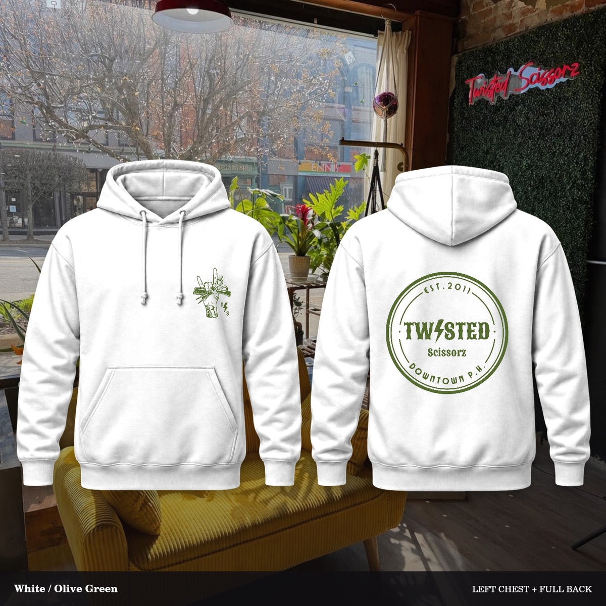 Twisted Scissorz Port & Co. PC78H — White, Olive Green artwork; left-chest crest and full back in the salon
