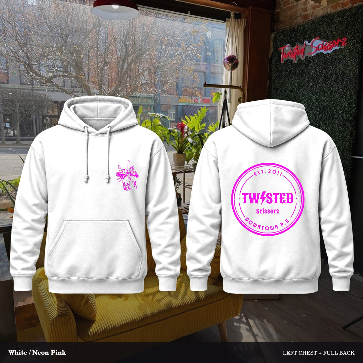 Twisted Scissorz Port & Co. PC78H — White, Neon Pink artwork; left-chest crest and full back in the salon