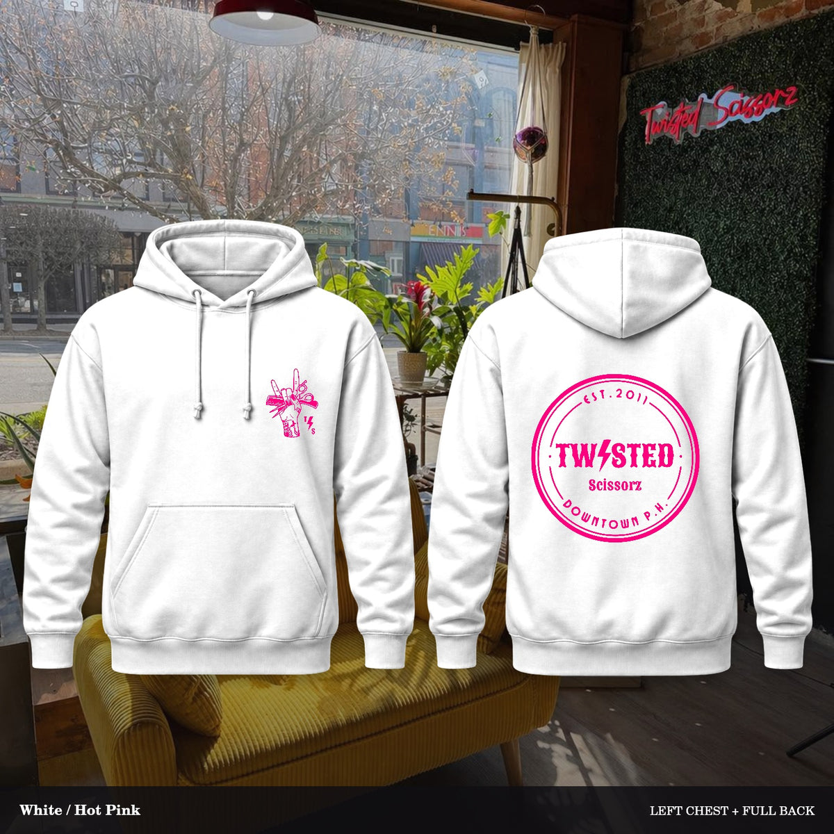 Twisted Scissorz Port & Co. PC78H — White, Hot Pink artwork; left-chest crest and full back in the salon