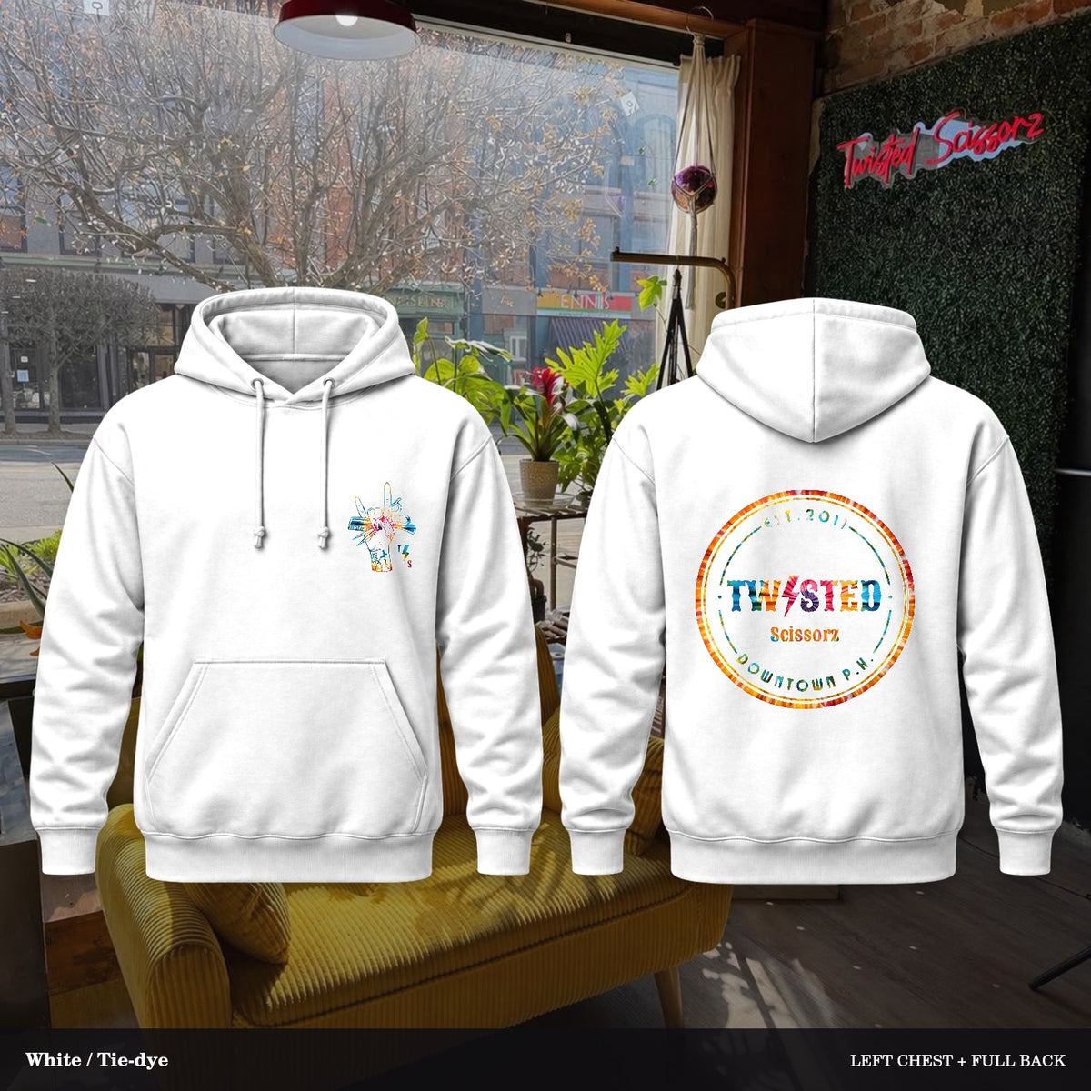 Twisted Scissorz Port & Co. PC78H — White, Tie-dye artwork; left-chest crest and full back in the salon