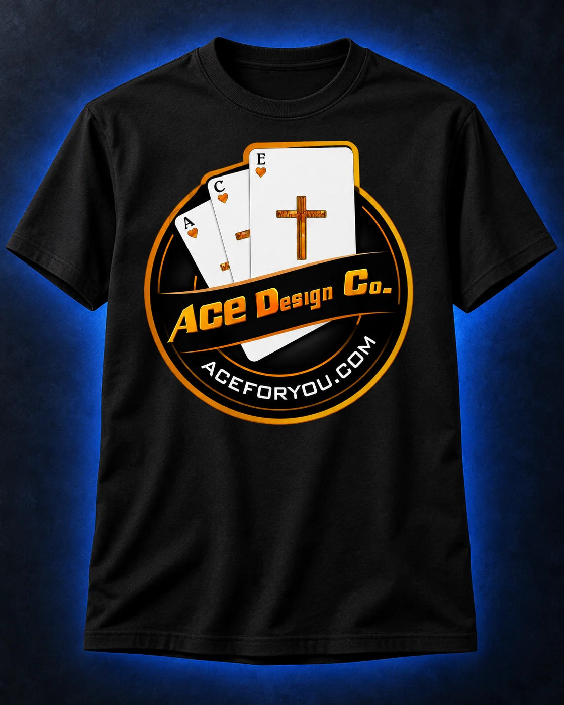 ACE Design Co branded shirt mockup featuring the ACE crest and aceforyou.com.